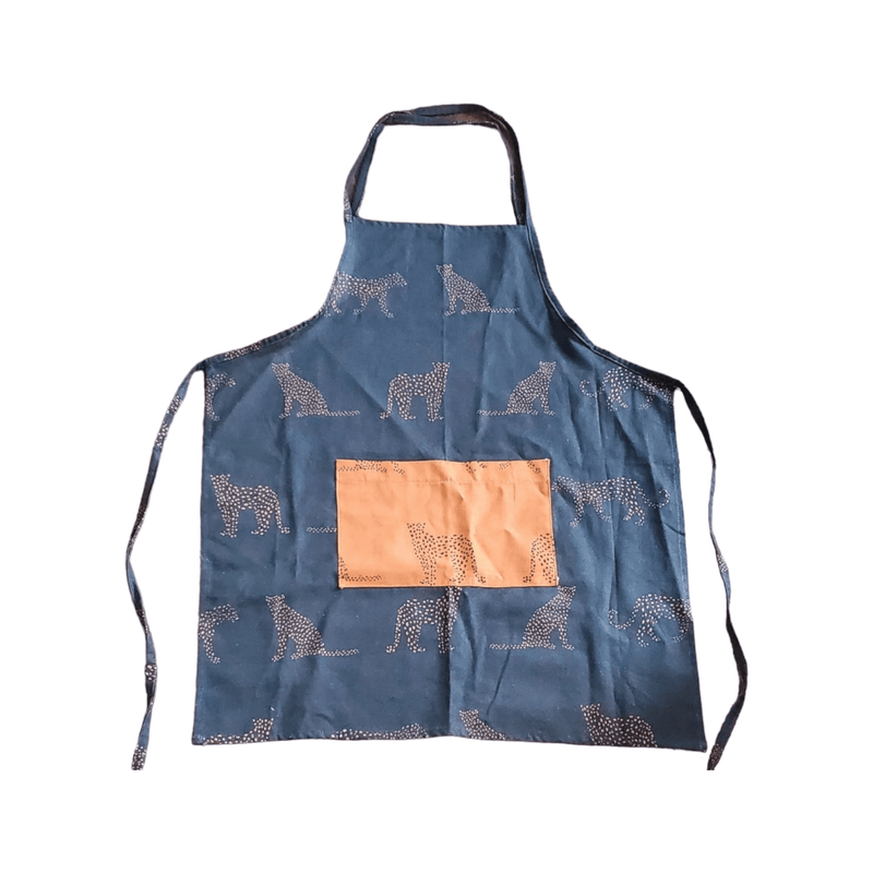 Navy blue kitchen apron adorned with a cheetah pattern, featuring a contrasting amber-colored central pocket for a striking and functional design