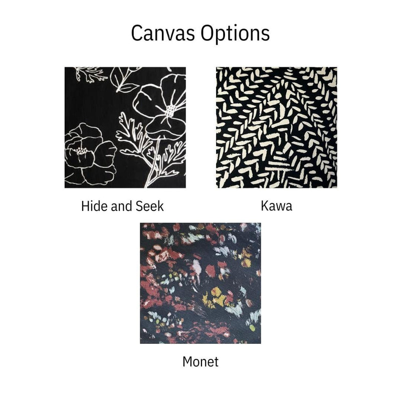 Selection of canvas options for custom bags, showing three patterns: 'Hide and Seek' with bold white florals on black, 'Kawa' with abstract black brushstrokes on white, and 'Monet' with a colorful floral print on a dark background
